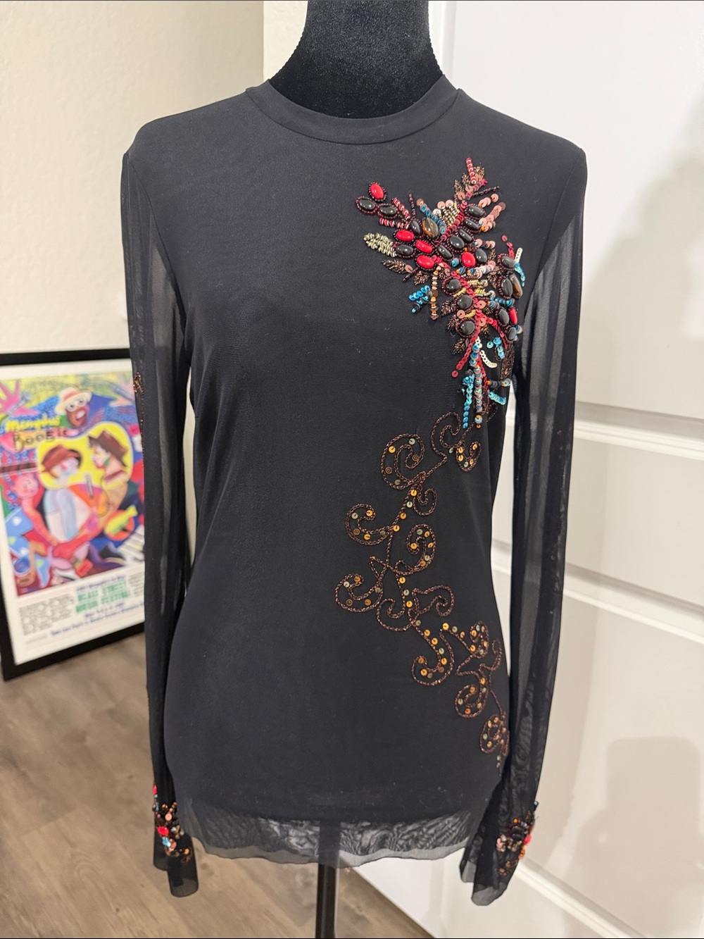 Cache Black Long-Sleeve Embellished Top with Multicolor Beading - Picture 1 of 5